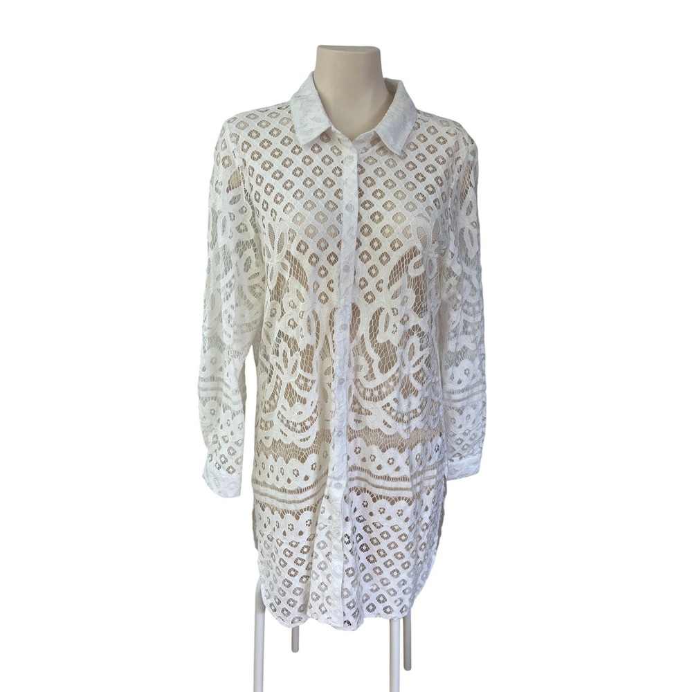 Marie Claire White Lace Button Down Shirt Dress Long Sleeve Sheer Tunic XL